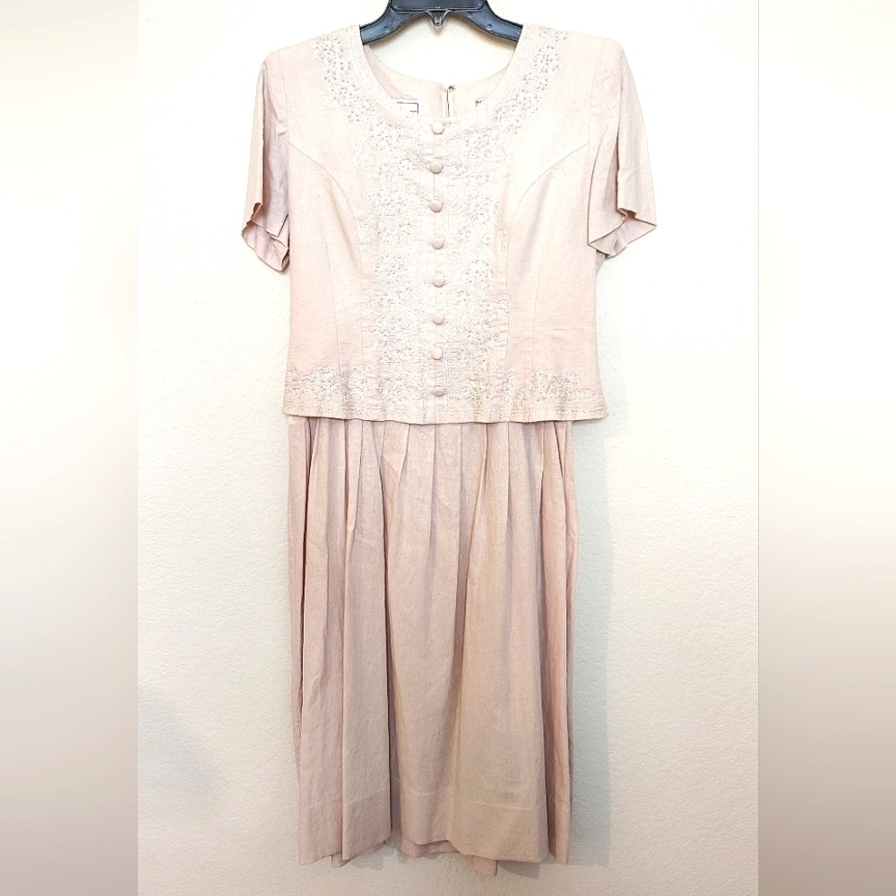 Karin Stevens Elegant Vintage Pink Dress 55% Linen